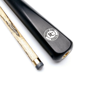 Premium Cues Evolve 57" pool cue tip and ebony butt detail, highlighting craftsmanship and titanium joint for indoor billiards games.