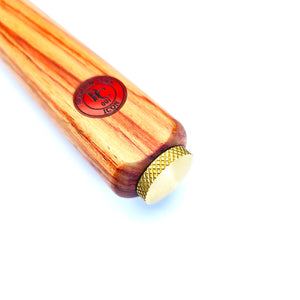 Brass Cue Butt Protector securely fitted on a Premium Cues cue butt. Protects from scuffs and wear with a sleek, durable brass finish.