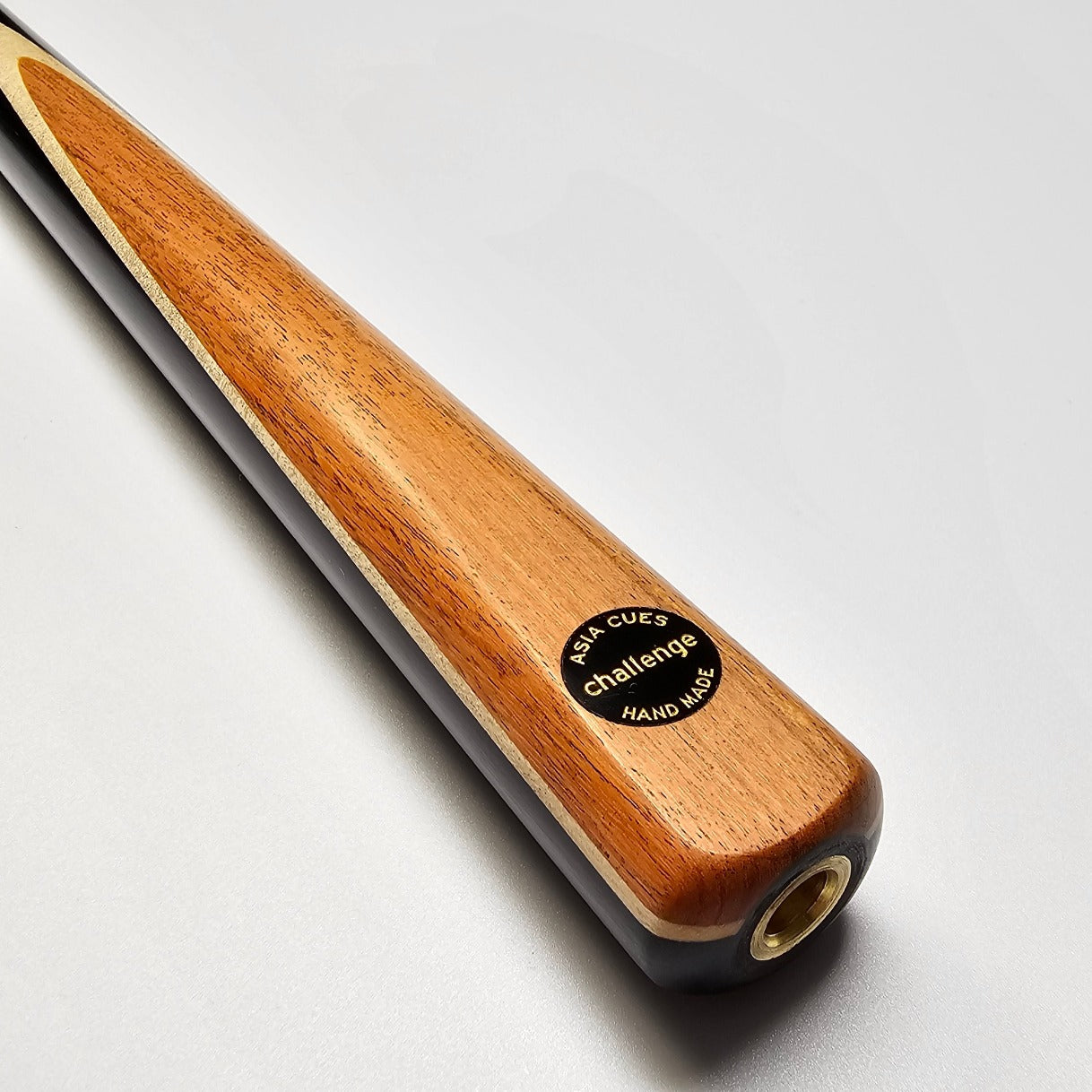 Asia Cues Challenge Range Ebony Butt with Burrwood front splice and Thick Birdseye Maple Veneer. Badge View