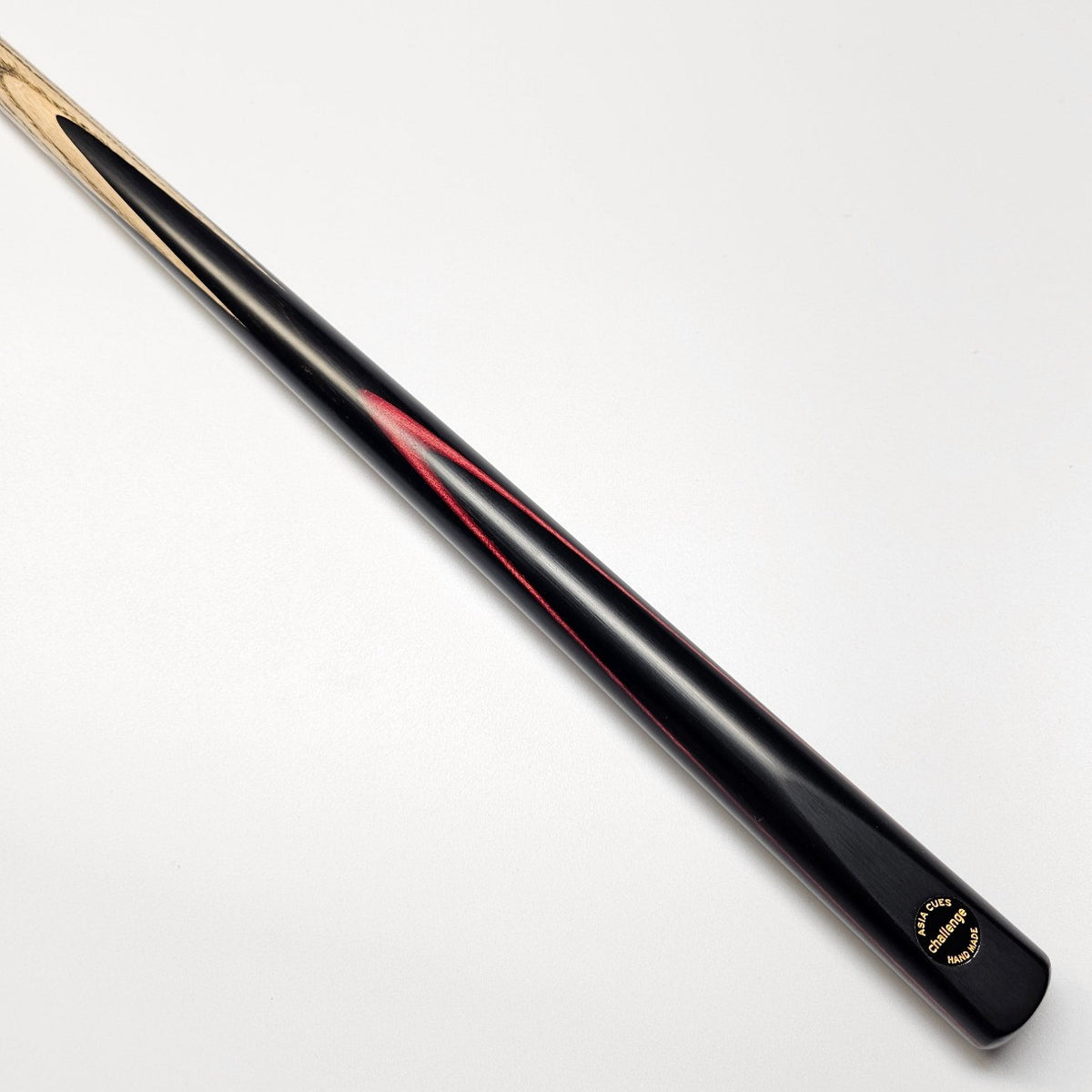 Asia Cues Challenge Range One Piece Cue Ash Shaft Ebony Butt with Red Veneer. Butt View