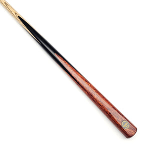 Asia Cues Signature No.560 snooker cue with handmade ebony butt and burl wood splices, showcasing premium craftsmanship and smooth finish.
