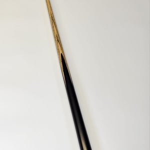 Full-length angled view of Premium Cues ICON No.008 snooker cue with black butt and ash shaft, perfect for indoor billiards.