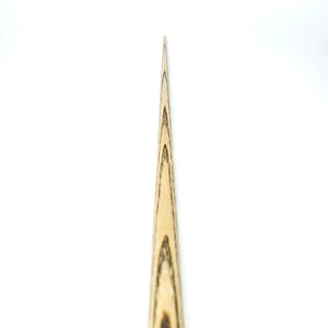 Top-down view of Premium Cues ICON No.018 snooker cue shaft highlighting straight grain ash wood for precision and balance in cue sports.