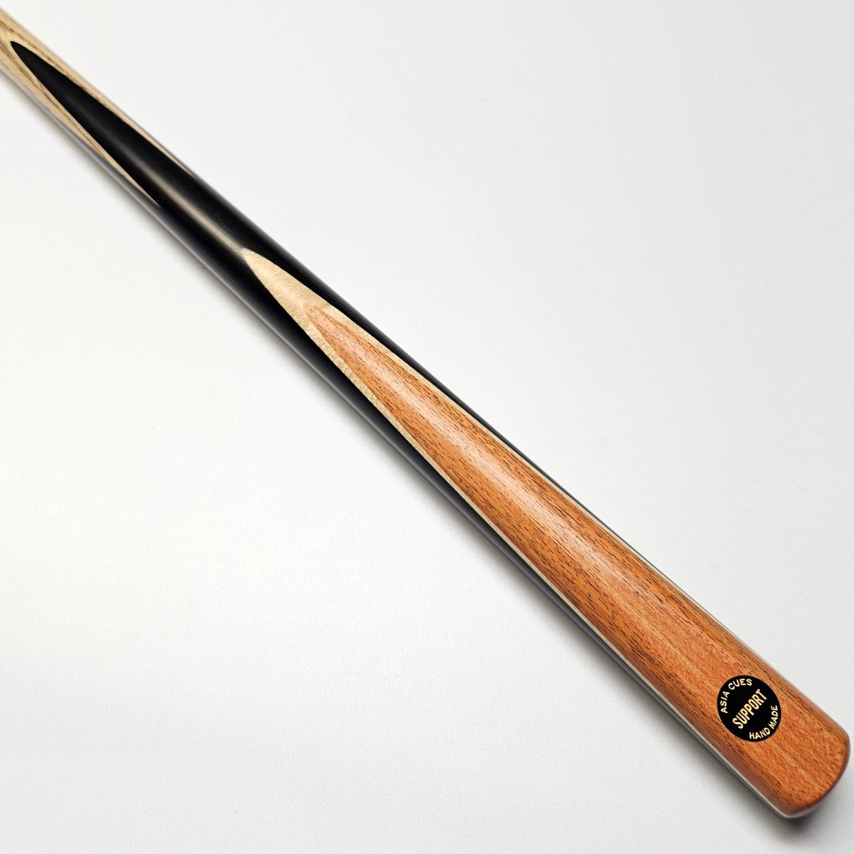Asia Cues Support - One Piece Snooker Cue  Handmade Ebony Butt with Burrwood front splice and Thick Birdseye Maple Veneer. Butt View