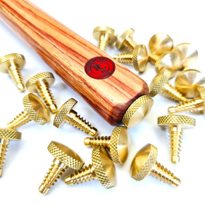 Brass Cue Butt Protector - Premium Cues accessory shown with multiple brass screw protectors beside a cue butt. Ideal for Asia Cues and Maximus.