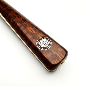Close-up of Asia Cues Connoisseur No.263 cue butt featuring snakewood finish and engraved Thailand logo for authenticity and craftsmanship.