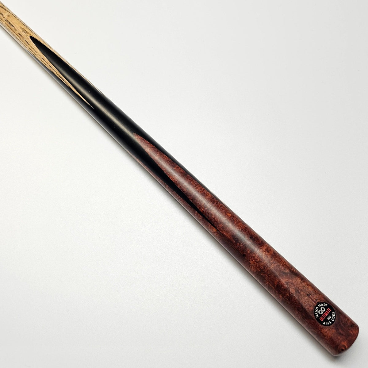 Asia Cues Ultimate No.633 - One Piece Snooker Cue  Handmade Ebony Butt with 4 lower splices of Burl wood. Butt View