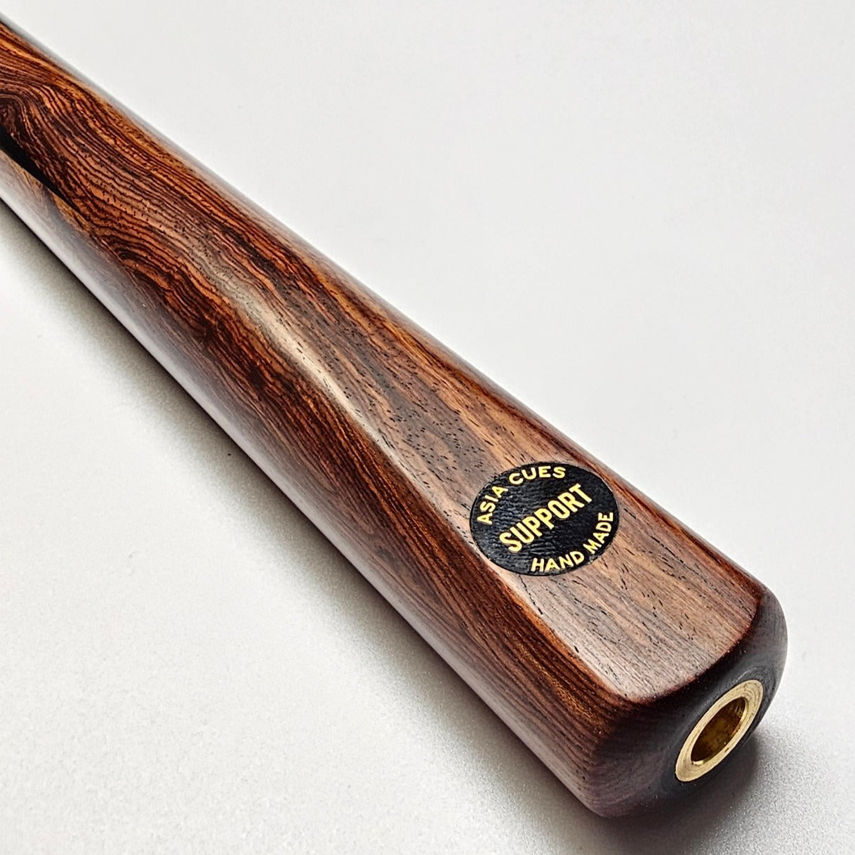 Asia Cues Support - One Piece Pool Cue  Handmade Ebony Butt with 4 lower splices of Exotic Rosewood. Badge View