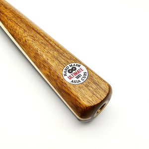 Close-up of Asia Cues Ultimate No.1051 handmade pool cue butt featuring engraved logo and premium wood finish.