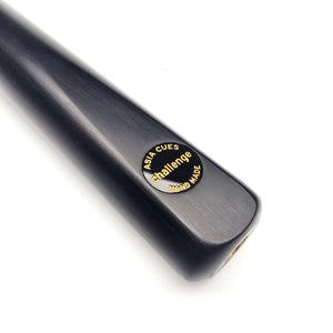 Close-up of Asia Cues Challenge logo on ebony butt of 3/4 jointed pool cue, showcasing handmade craftsmanship and premium finish.