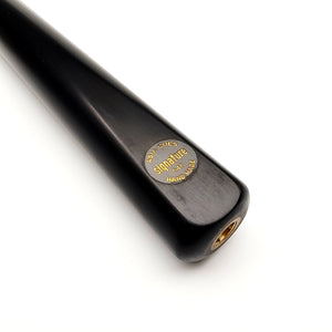 Close-up of Asia Cues Signature No.548 snooker cue butt with gold-engraved handmade label and threaded extension fitting.