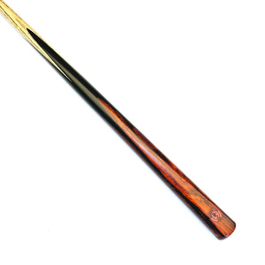 Premium Cues ICON No.015 - One Piece Snooker Cue with handmade ebony butt and cocobolo splices, showcasing elegant wood grain finish.