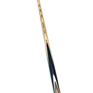 Full view of Premium Cues ICON No.018 one piece snooker cue, 57.75 inches long with 9.5mm tip and elegant ebony and Amboyna Burl design.