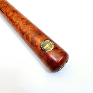 Detailed view of Asia Cues Signature No.227 cue butt with round burl wood finish and signature handmade branding for collectors.