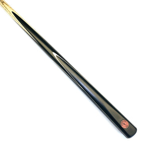 Premium Cues ICON No.017 one piece pool cue with ebony butt and thin white veneers, showcasing sleek black finish and craftsmanship.
