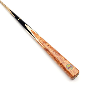Asia Cues Ultimate No.1107 snooker cue with handmade ebony butt and Amboyna Burl and Maple splices, showcasing 3/4 joint design.