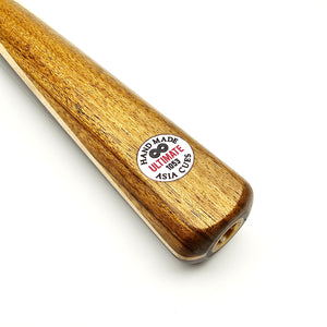 Close-up of Asia Cues Ultimate No.1053 handmade snooker cue butt showing engraved logo and polished wood grain finish.