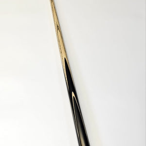 Angled shot of Premium Cues ICON No.006 snooker cue showing ebony butt and ash shaft, perfect for serious billiards enthusiasts.