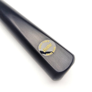 Close-up of TI Asia Cues Shooter snooker cue butt featuring gold 'Shooter' logo on hand-crafted ebony wood.