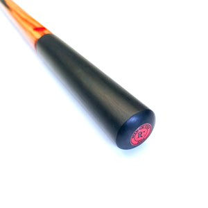 Close-up of Premium Cues ICON 6" Solid Ebony Mini Butt attached to cue, showcasing smooth ebony texture and branded red end cap.