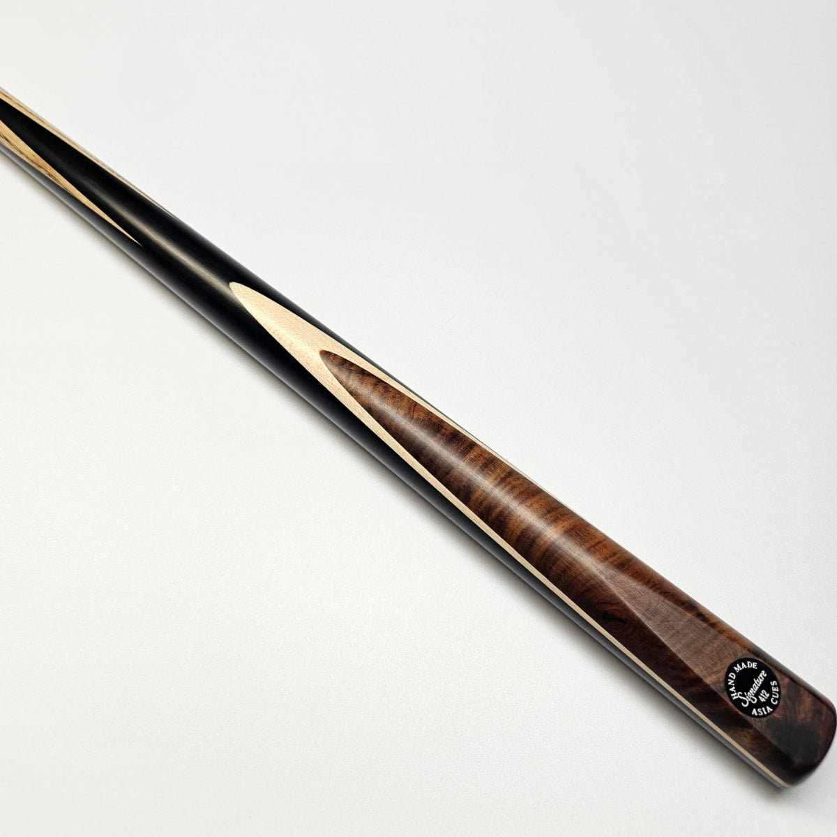 Asia Cues Signature One Piece Snooker Cue  Handmade Ebony Butt with Front splice of Siam Rosewood and Thick Maple Veneer. Butt view
