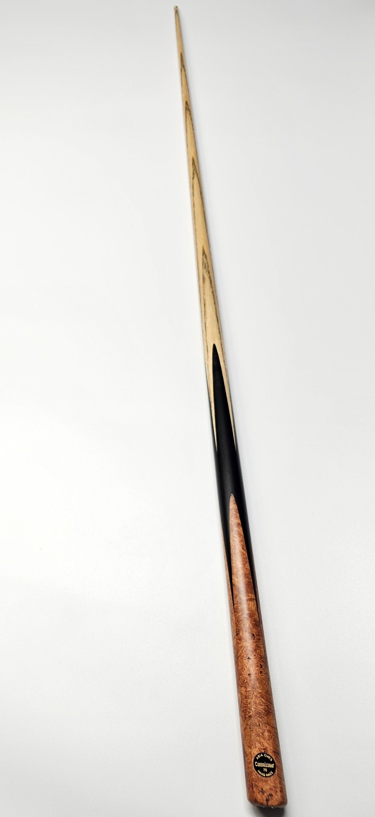 Asia Cues Connoisseurr 1 Piece Snooker Cue  Handmade Ebony Butt with 4 splices of Amboyna Burl. Full View View