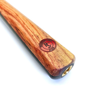 Close-up of Premium Cues ICON No.007 butt with engraved logo, showcasing premium craftsmanship in snooker cue design.
