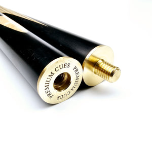Brass joint detail of Premium Cues Original Handmade 3/4 Jointed Snooker Cue showing precision threading and engraved branding for secure assembly.