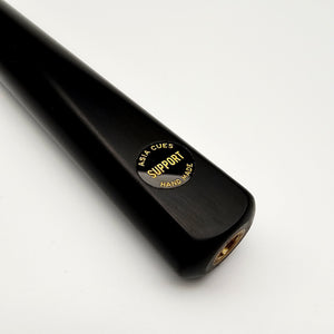 Close-up of Asia Cues Support pool cue butt with gold-etched handmade logo and threaded extension fitting for cue accessories.