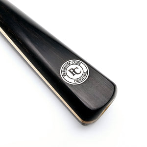 Close-up of Premium Cues Original Handmade 3/4 Jointed Snooker Cue butt with PC Original logo inlaid on polished ebony wood for a premium finish.