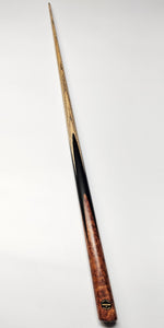 Asia Cues Connoisseurr 1 Piece Snooker Cue  Handmade Ebony Butt with 4 splices of Amboyna Burl. Full Lengh View