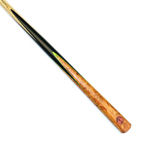 Premium Cues ICON No.016 - One Piece Snooker Cue with handmade ebony butt, Amboyna Burl splices, and green veneers for professional play.
