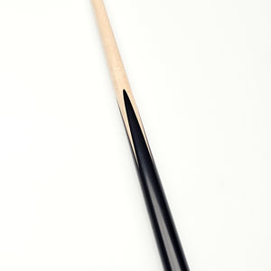 Full view of Asia Cues Support one piece snooker cue, 9.7mm tip, 17.9oz weight, crafted with maple shaft and ebony butt for precision play.
