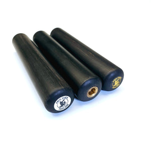 Asia Cues 6" Solid Ebony Mini Butt cue extensions in black with white and gold badge variants, ideal for snooker or pool cue lengthening.
