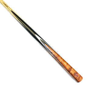 Premium Cues ICON No.019 - One Piece Pool Cue featuring ebony butt with Amboyna Burl splices and birdseye maple veneers for professional play.