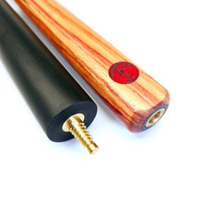 Premium Cues ICON 6" Solid Ebony Mini Butt with brass screw-on joint, shown next to a matching cue for seamless billiard play extension.