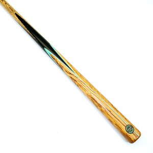 Prestige Cues Green Plate one piece snooker cue with ebony butt, olivewood splices, and mint veneers, 57-inch length for professional play.
