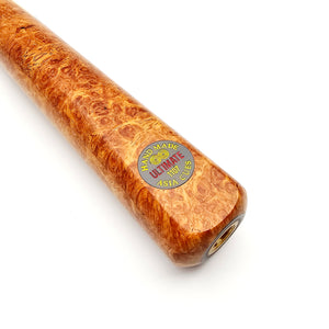 Close-up of Asia Cues Ultimate No.1107 cue butt featuring 'Handmade Ultimate' logo on Amboyna Burl wood for premium snooker performance.