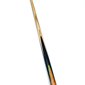 Full-length Premium Cues ICON No.016 snooker cue with ebony butt, Amboyna Burl splices, and titanium ferrule for high-level performance.
