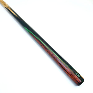 Left side of Prestige Cues Green Plate snooker cue with Cocobolo splice and vivid green veneer on ebony butt.
