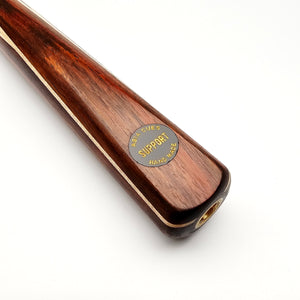 Close-up of Asia Cues Support handmade snooker cue butt with rosewood finish and gold-embossed logo detailing craftsmanship.