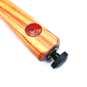 Close-up of Nylon Cue Butt Protector partially screwed into Premium Cues cue, designed to prevent floor damage during gameplay or storage.