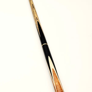 Full view of Asia Cues Ultimate No.1107 3/4 jointed snooker cue, 58 inches long with 9.8mm tip and 18.4oz weight, ideal for precision play.