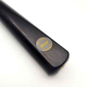 Close-up of Asia Cues Shooter snooker cue butt showing gold-engraved handmade logo on polished ebony finish for premium cue branding.