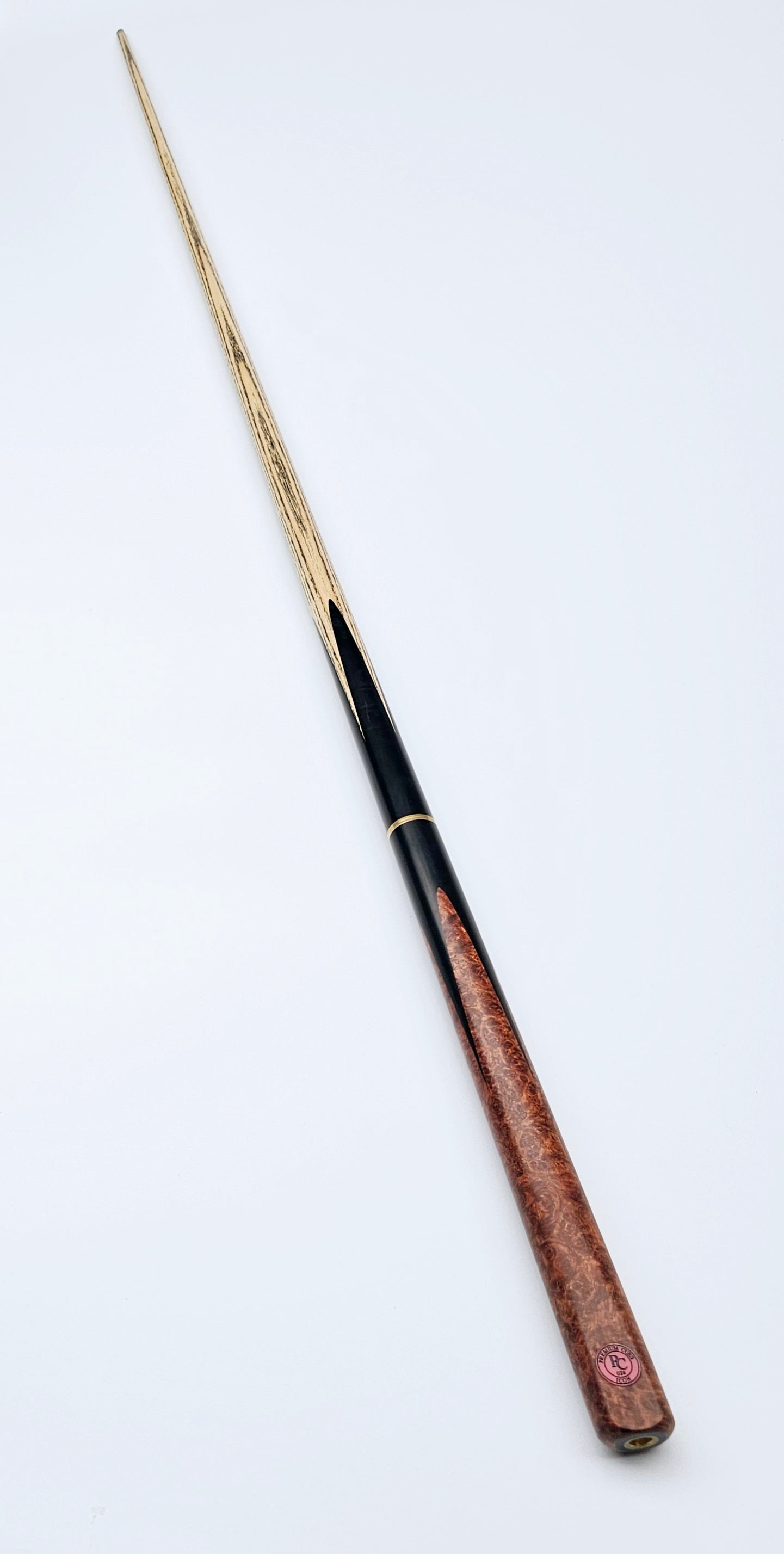 Full view of Premium Cues ICON No.026 3/4 jointed snooker cue, 58 inches long with 9.5mm tip and elegant wood craftsmanship.