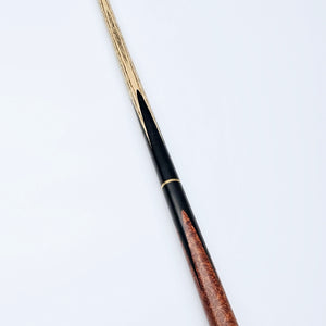 Full view of Premium Cues ICON No.026 3/4 jointed snooker cue, 58 inches long with 9.5mm tip and elegant wood craftsmanship.