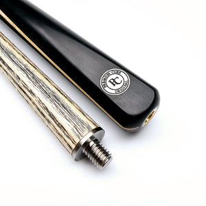 Close-up of Premium Cues Original Handmade Snooker Cue showing titanium joint and engraved logo on ebony butt for high-end cue performance.