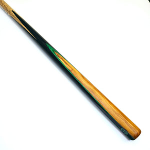 Right side of Prestige Cues Green Plate cue showing Olivewood splice with green veneer on ebony butt for a striking contrast.