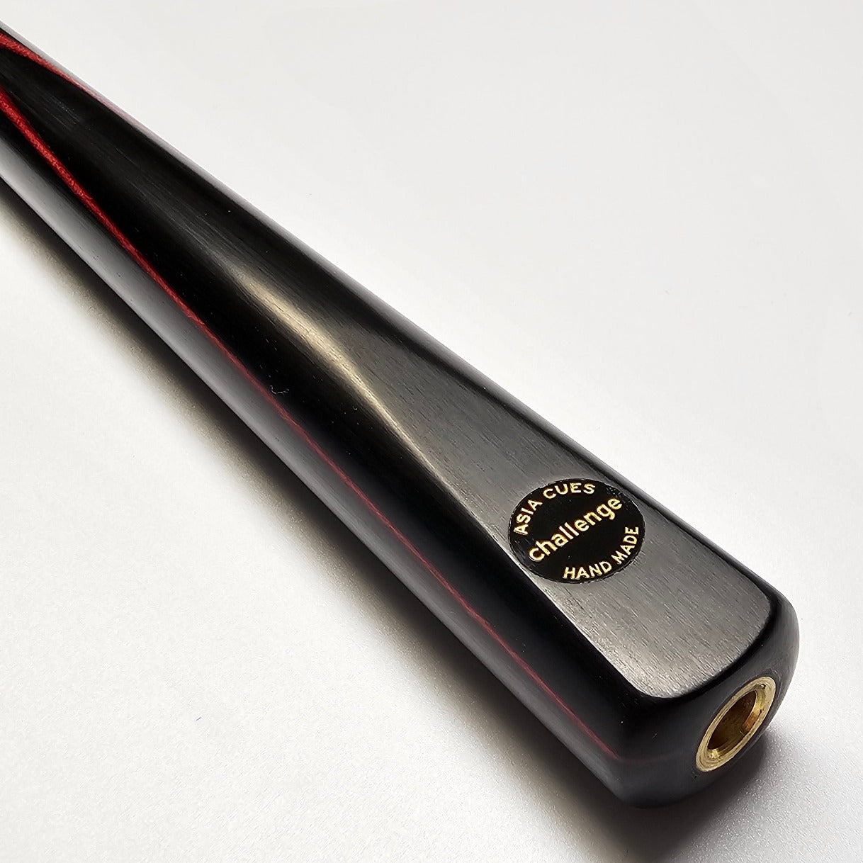 Asia Cues Challenge Range One Piece Cue Ash Shaft Ebony Butt with Red Veneer. Badge View