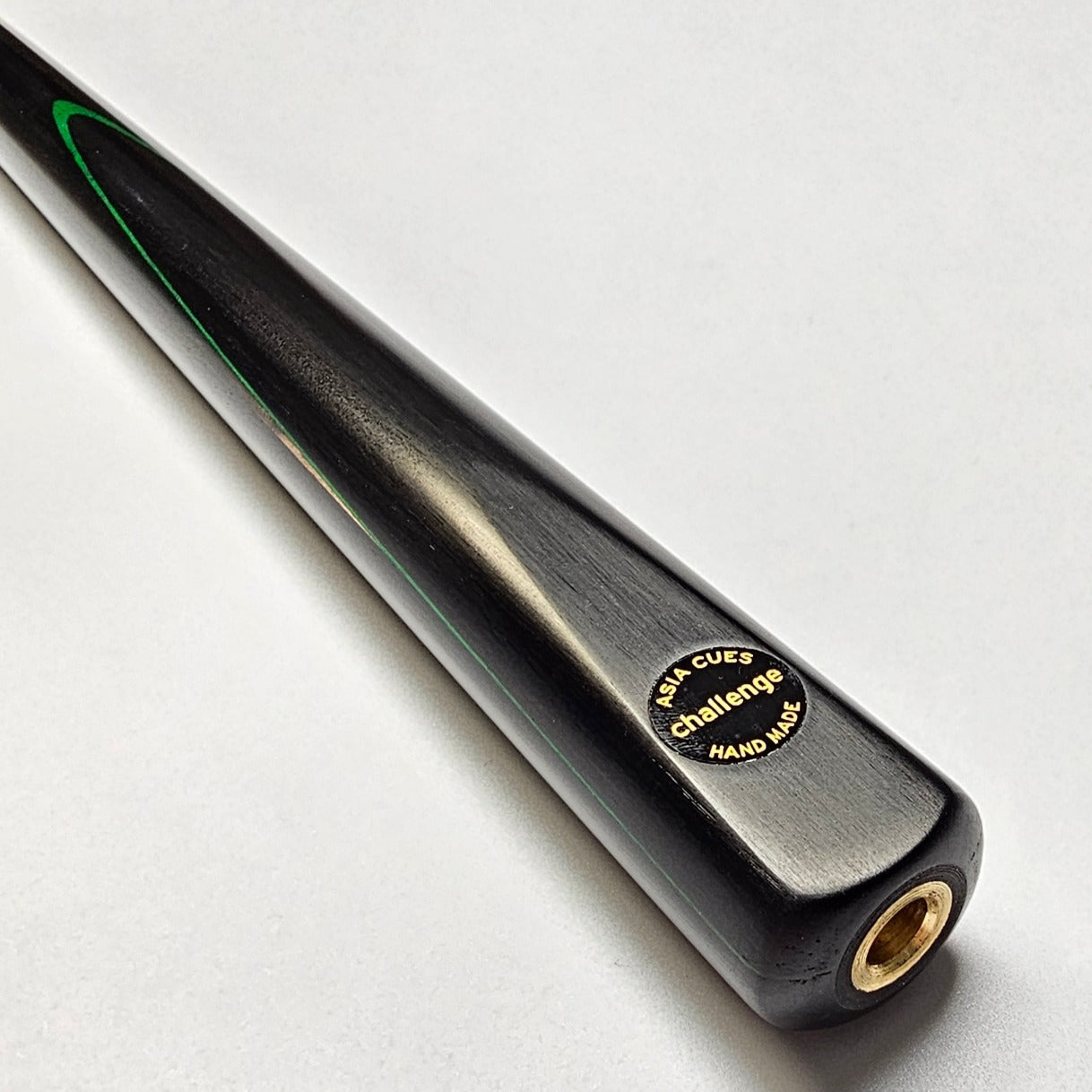 Asia Cues Challenge Range One Piece Cue Ash Shaft Ebony Butt with Green veneer. Badge View